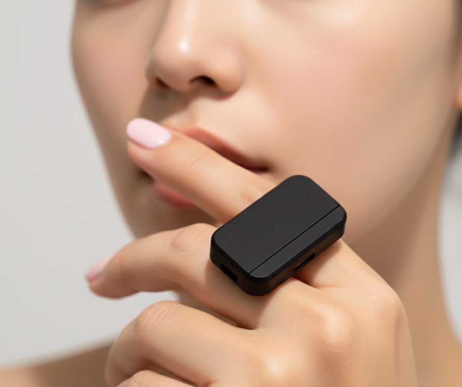 Knucklet in use — whispering into the device